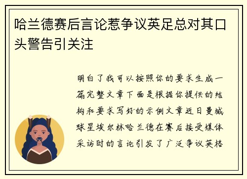 哈兰德赛后言论惹争议英足总对其口头警告引关注