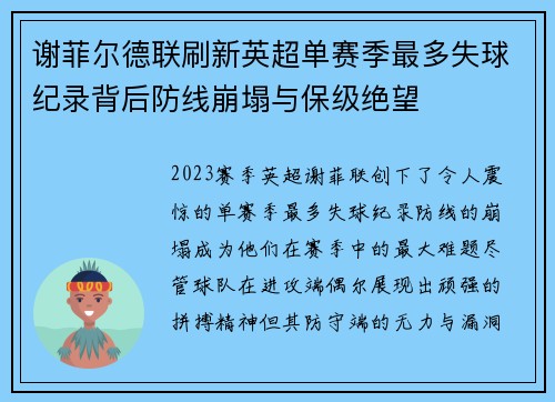 谢菲尔德联刷新英超单赛季最多失球纪录背后防线崩塌与保级绝望